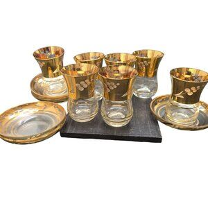 Vintage Gold-Trimmed Turkish Tea Glasses & Saucers Set Of 6+ Floral Lot HS247